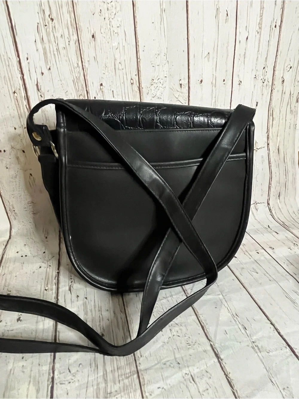 Black Croc Pattern Purse Vintage With Silver Cherub Design